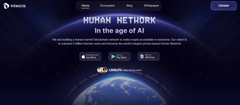 Interlink website banner showing Human Network in the age of AI with 1.6M daily active users
