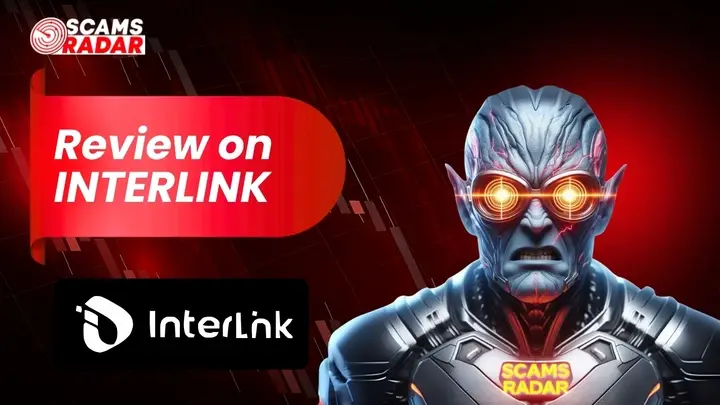 Scams Radar review banner on Interlink with futuristic character illustration