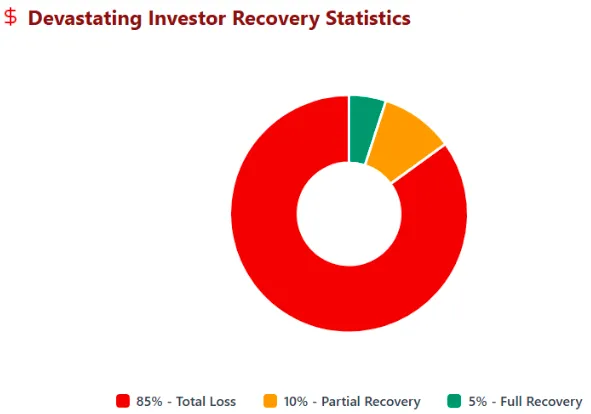 Donut chart showing 85% total loss, 10% partial recovery, and 5% full recovery for investors