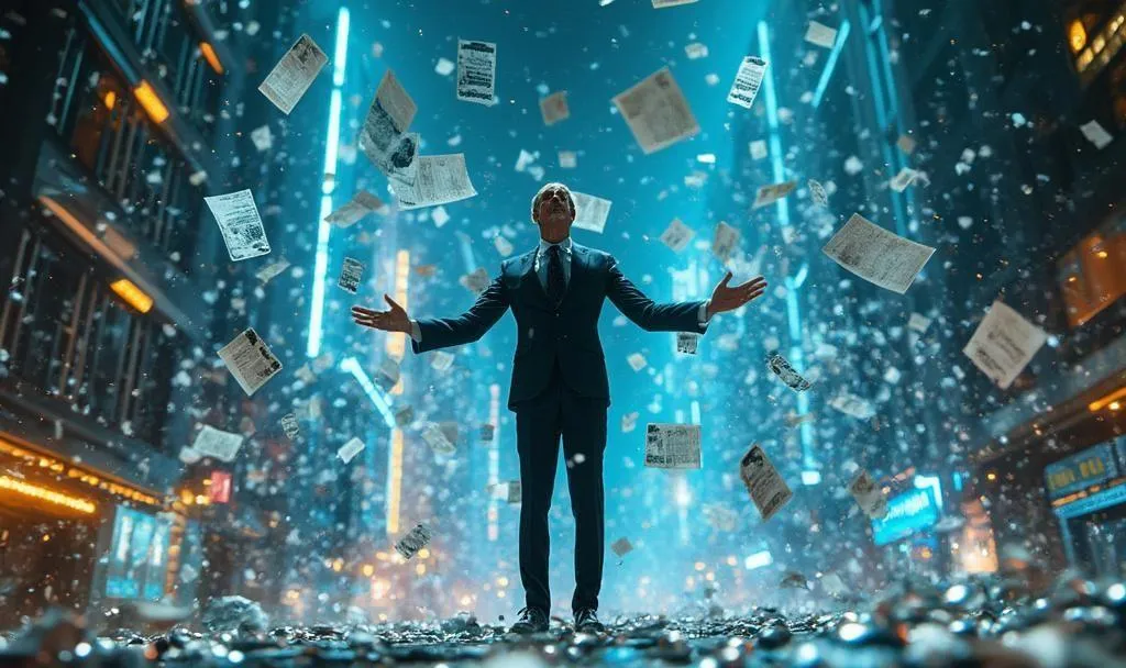 Businessman standing in city as legal documents fall, symbolizing Josip Heit's court win against Texas regulator