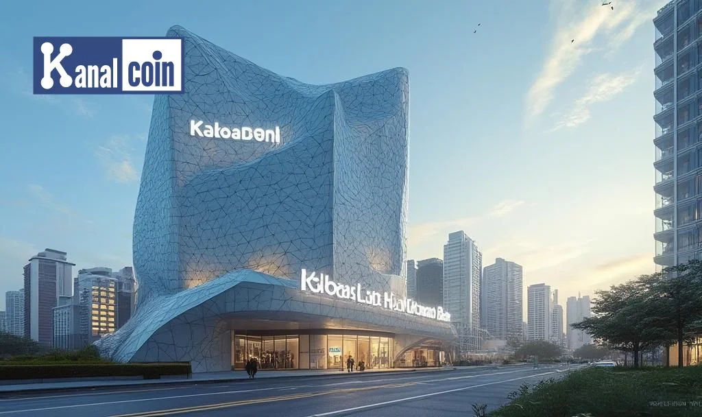 A modern Kanal Coin headquarters building with a futuristic design, featuring the KatoaDen and Klbaas Ltd HQ signage, set against a city skyline.
