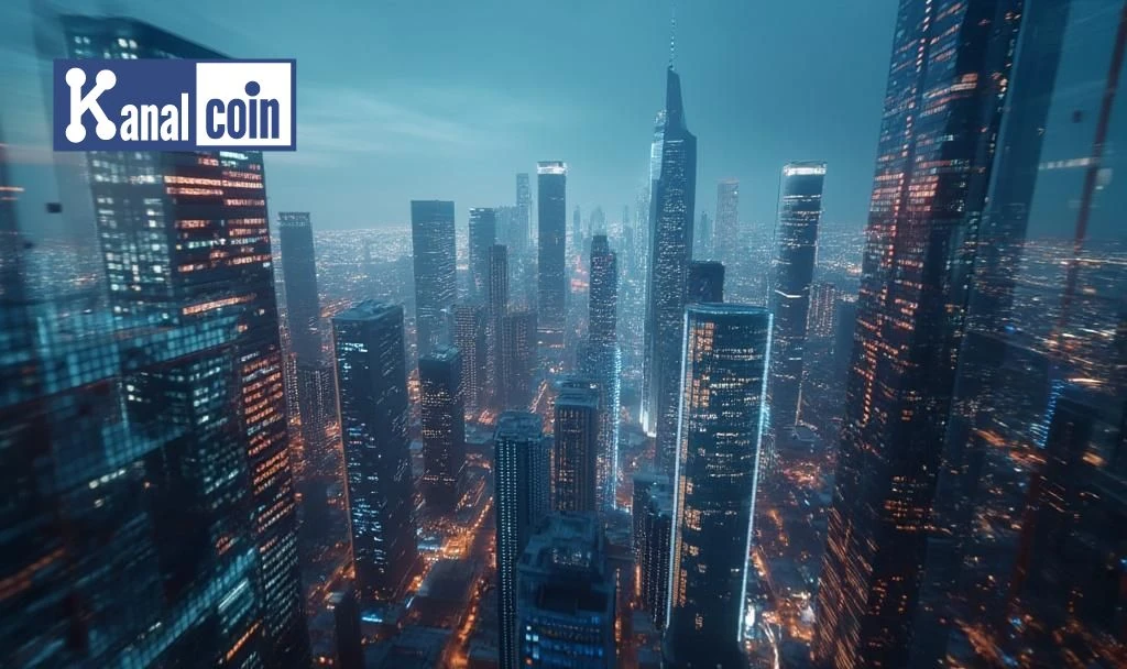 Kanalcoin logo on top left with a futuristic city skyline at night
