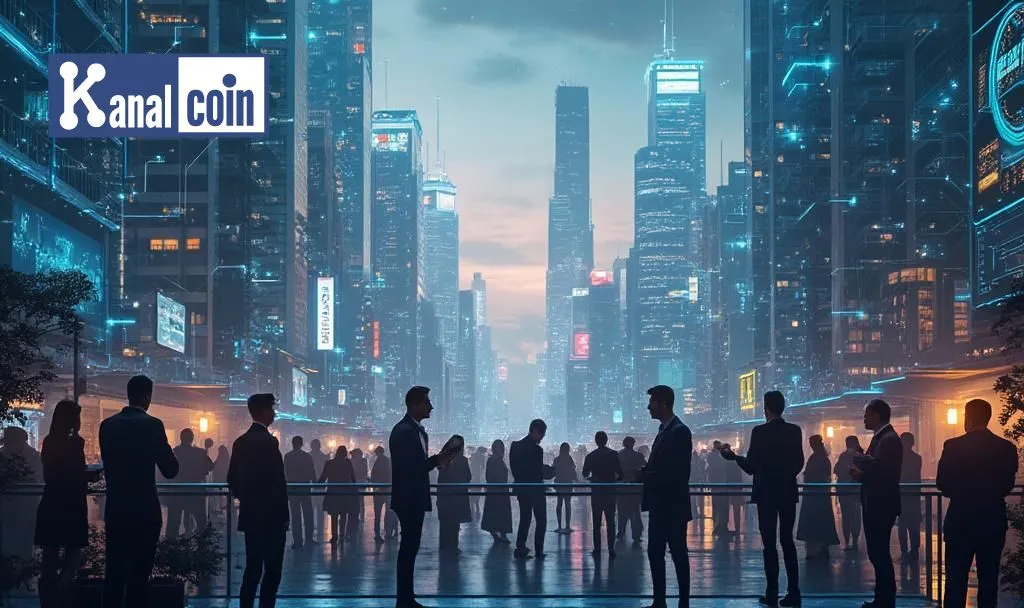 Futuristic city skyline with businesspeople and KanalCoin logo, symbolizing digital finance discussions and blockchain growth