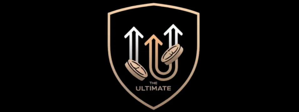 Laventine Market System logo with three upward arrows, two coins, and the text "The Ultimate" on a shield design.