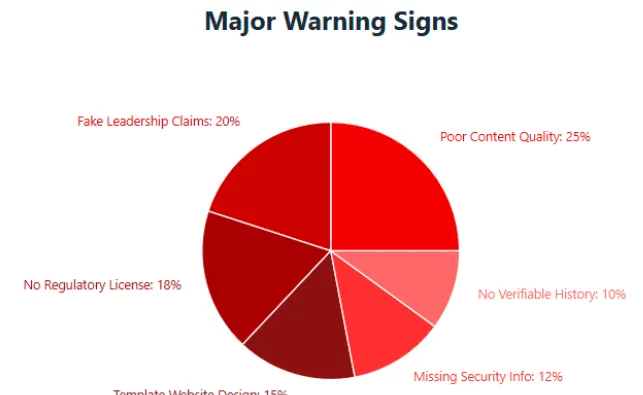 Pie chart showing major warning signs of scams including fake leadership, poor content, and missing licenses
