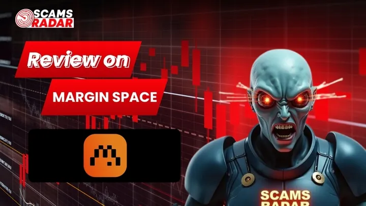 Scams Radar review on Margin Space with stock market chart and futuristic blue alien character