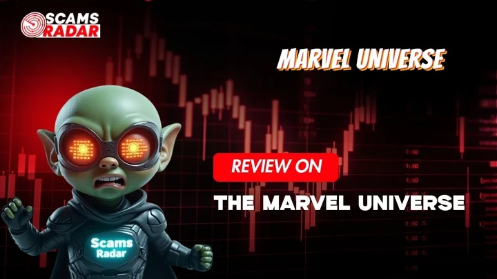 Scams Radar review banner featuring alien mascot and Marvel Universe text over a red trading chart background