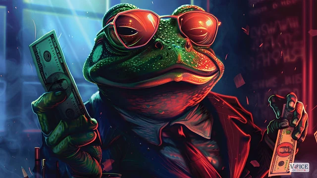 Stylized frog in suit with money, symbolizing Matt Furie’s Pepe NFT and $1M hack controversy