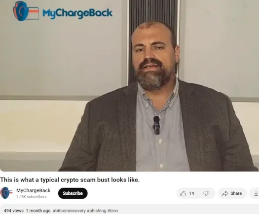 MyChargeBack representative explaining a typical crypto scam bust in a recovery scam awareness video