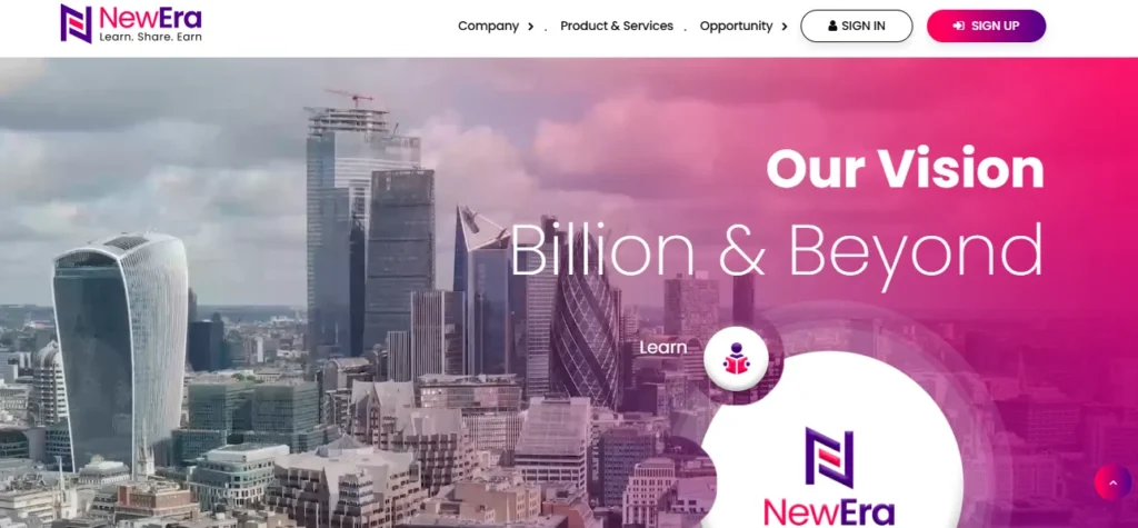 NewEra Academy Review homepage showing company vision and London city skyline