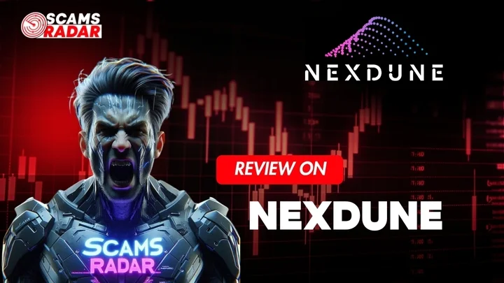 Futuristic banner featuring Scams Radar character and Nexdune logo over a red financial chart background