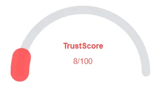 TrustScore gauge showing Nexdune with a low rating of 8 out of 100 in red
