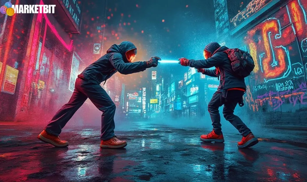 Futuristic street duel representing NFT Market Outpacing DeFi in the evolving crypto landscape