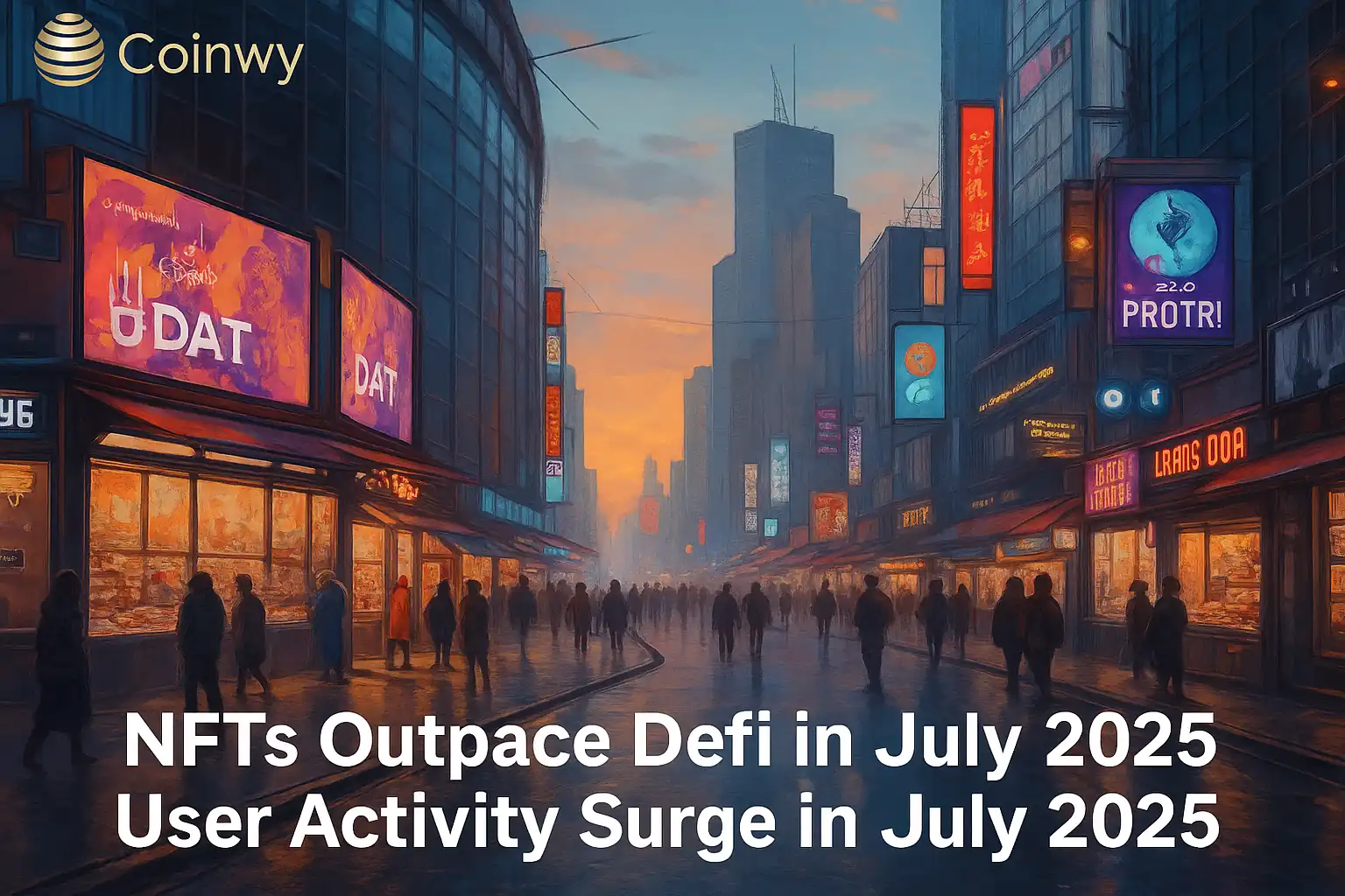 NFTs outpace DeFi in July 2025 with a surge in user activity, digital art cityscape background