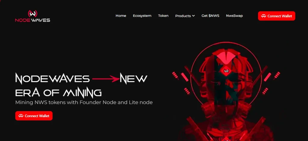 NodeWaves website banner showing futuristic mining theme with NWS token wallet connect option