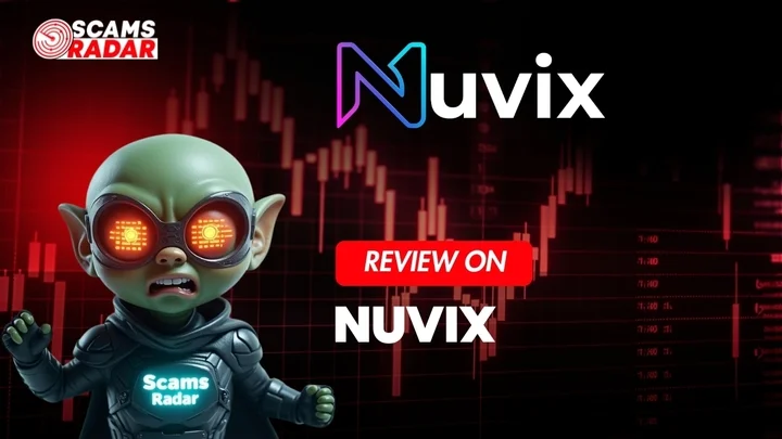 ScamsRadar review banner showing Nuvix logo with futuristic alien mascot and stock chart background