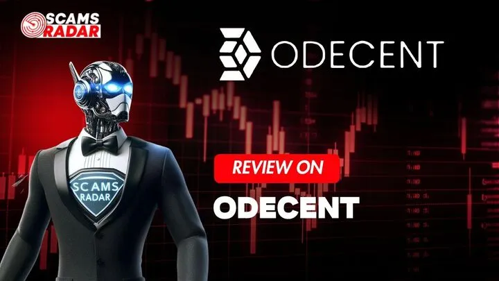 Odecent review on ScamsRadar with a robot holding the logo and a financial chart background