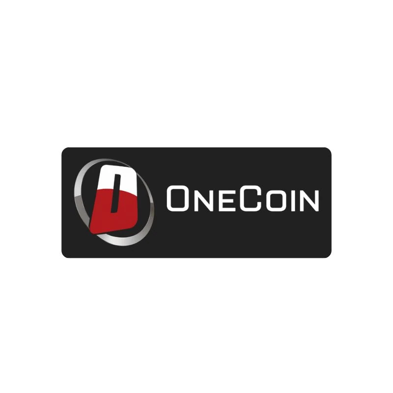 OneCoin logo with black rectangle and red emblem displayed on a white background