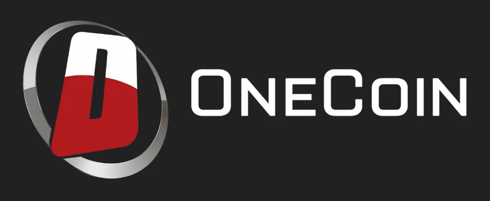 OneCoin logo with red and white emblem on a black background representing the controversial cryptocurrency