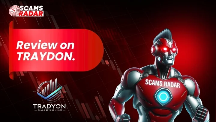 Scams Radar review on Traydon with a superhero character and trading graph background