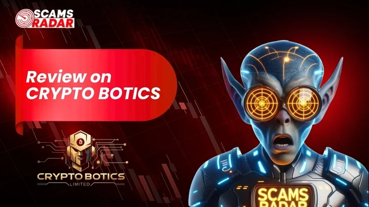 Scams Radar review on Crypto Botics with a futuristic character and trading graph background