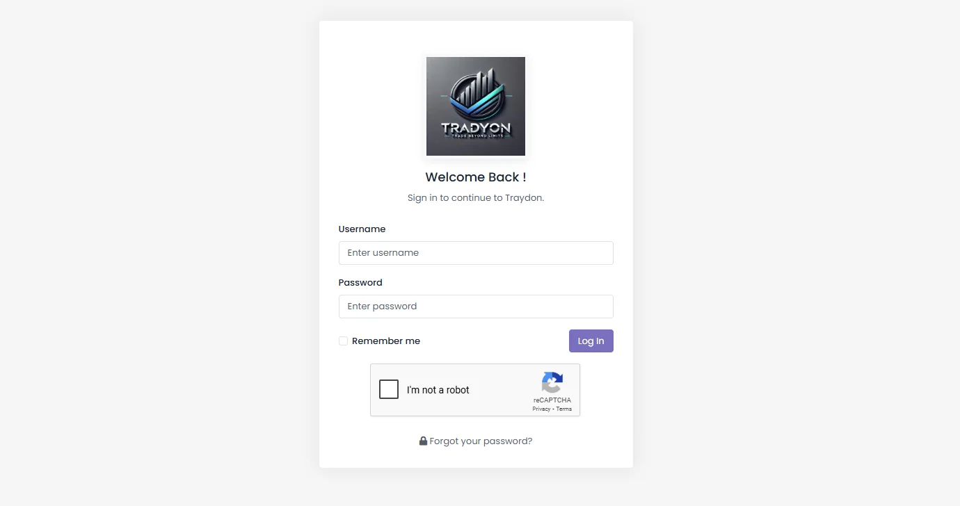 Tradyon login page with username, password fields, and reCAPTCHA for user login