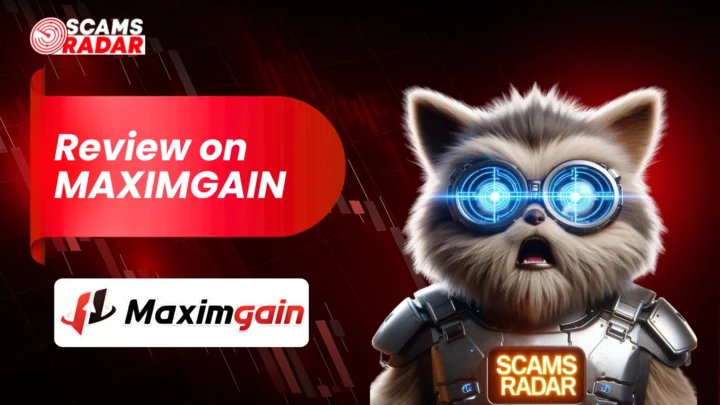 YouTube thumbnail for MaximGain review by Scams Radar featuring a robotic cat with glowing eyes