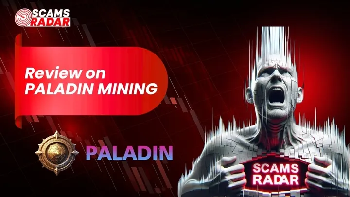 ScamsRadar Paladin Mining review graphic with shield logo and glitch effect human figure