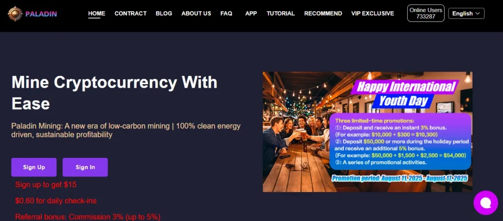 Paladin Mining homepage banner promoting cryptocurrency mining with clean energy and holiday bonus offers