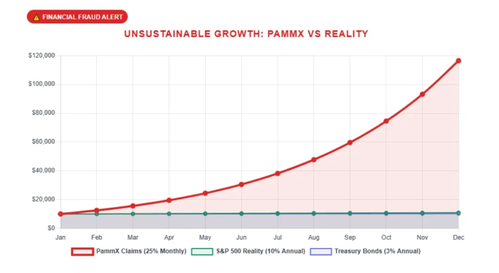 Chart comparing PAMMX claims with reality, showing the difference between 25% monthly growth and realistic returns.