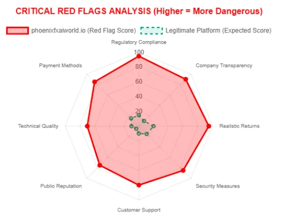 Radar chart showing PhoenixFx AiWorld's high red flag scores in regulatory compliance, transparency, returns, and security compared to legitimate platforms.