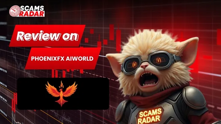 Scams Radar graphic featuring PhoenixFx AiWorld scam review with mascot character, financial chart background, and phoenix logo.