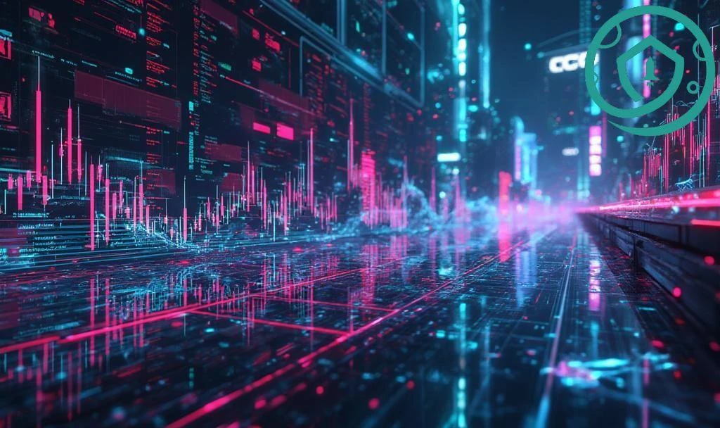 Futuristic digital trading floor with candlestick charts representing Pi Coin whale accumulation and exchange outflows
