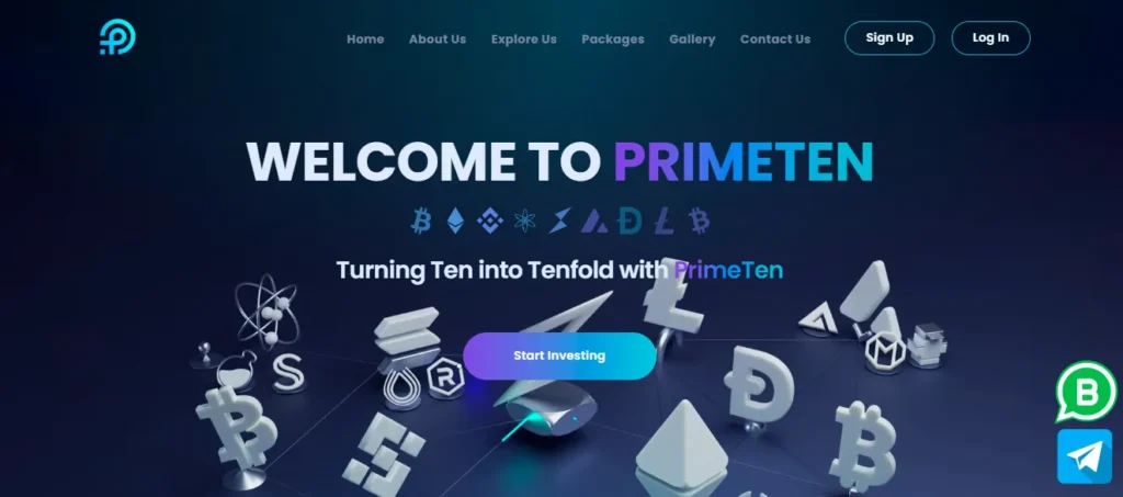 PrimeTen homepage featuring welcome message, cryptocurrency icons, and start investing button