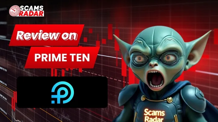 Scams Radar review on PrimeTen with stock market chart and animated character