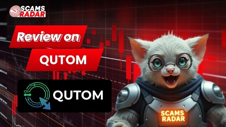 ScamsRadar review on Qutom platform with logo and mascot