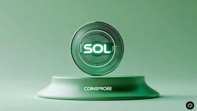 Solana coin with glowing text on a platform with a green background