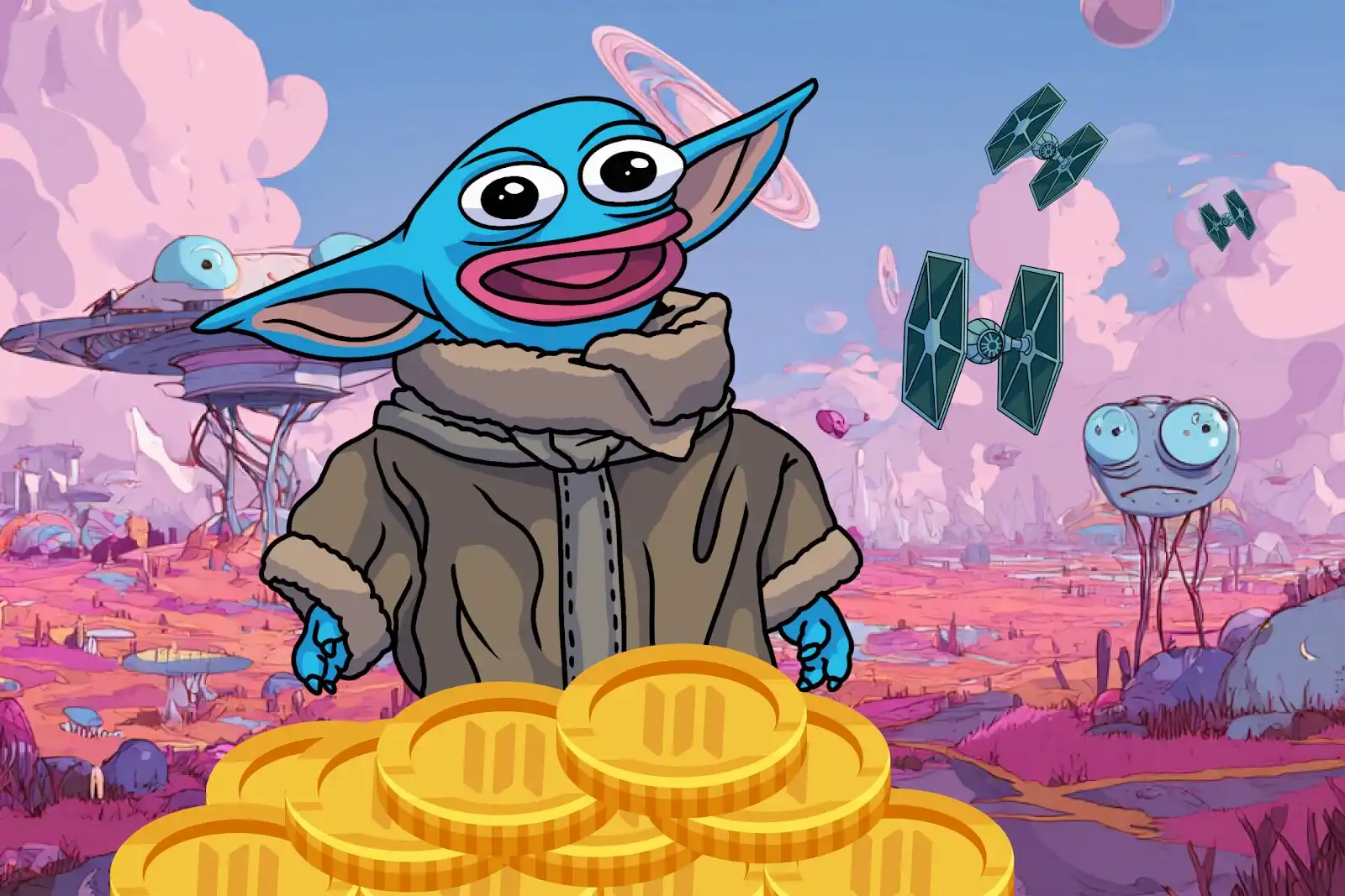 Cartoon artwork of Solana meme character with coins, representing SOL price prediction and ETF delay impact.