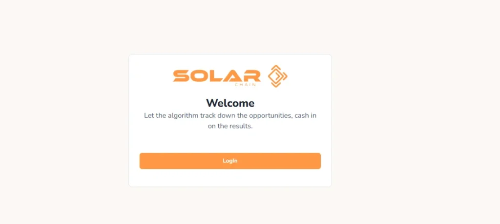 Screenshot of Solar Chain login page with welcome message and orange login button.