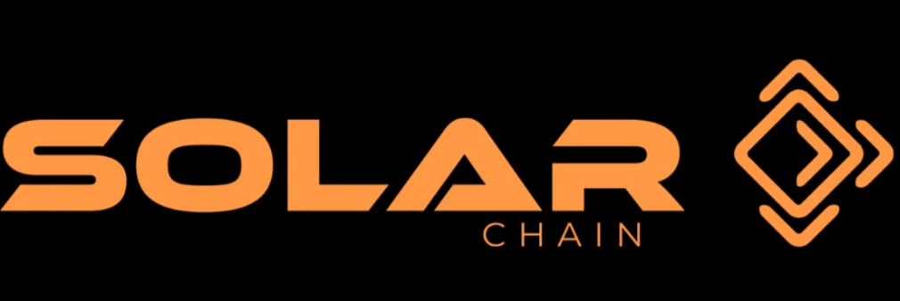 Solar Chain logo in orange with futuristic font and geometric icon on black background.