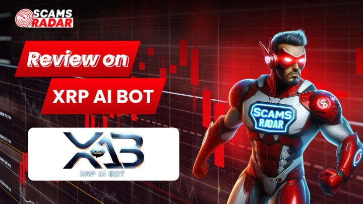YouTube thumbnail for the "Review on XRP AI Bot" video by Scams Radar, featuring a superhero figure and the XRP AI Bot logo.