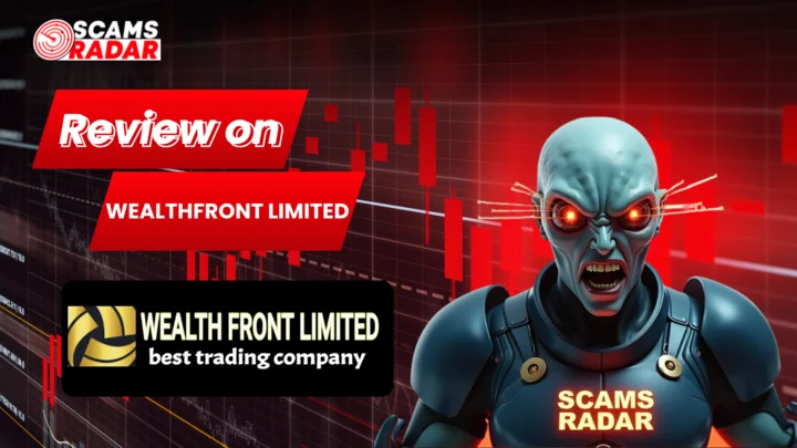 YouTube thumbnail for the "Review on Wealthfront Limited" video by Scams Radar, featuring a robot figure and the Wealthfront Limited logo.