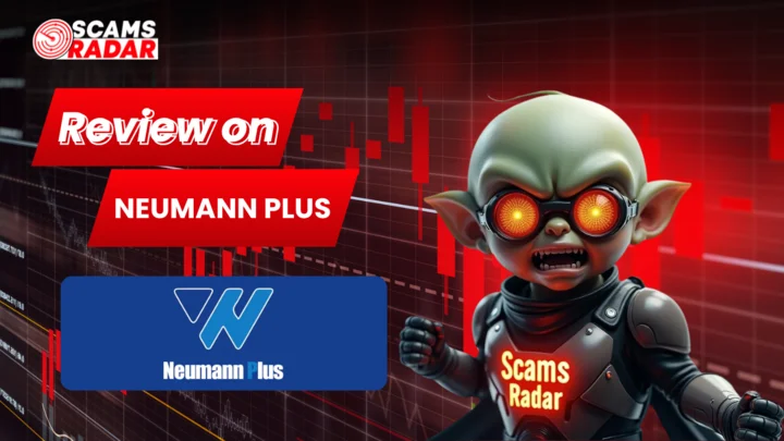 YouTube thumbnail for the "Review on Neumann Plus" video by Scams Radar, featuring a robot figure and the Neumann Plus logo.