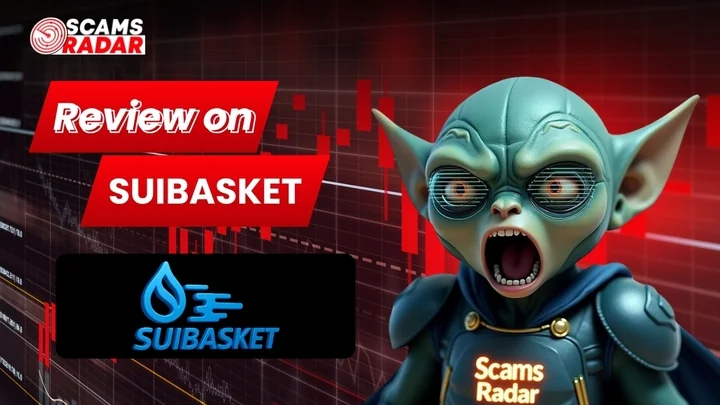 ScamsRadar review on Suibasket platform with logo and mascot