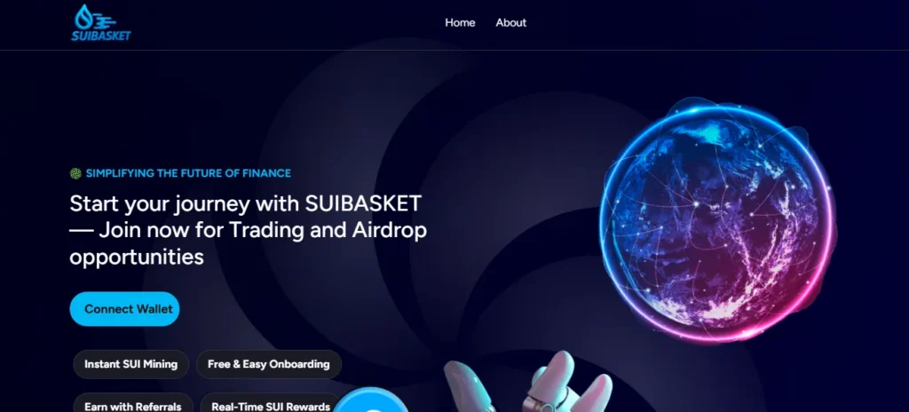 Suibasket website screenshot promoting trading, airdrop opportunities, wallet connection, and SUI mining