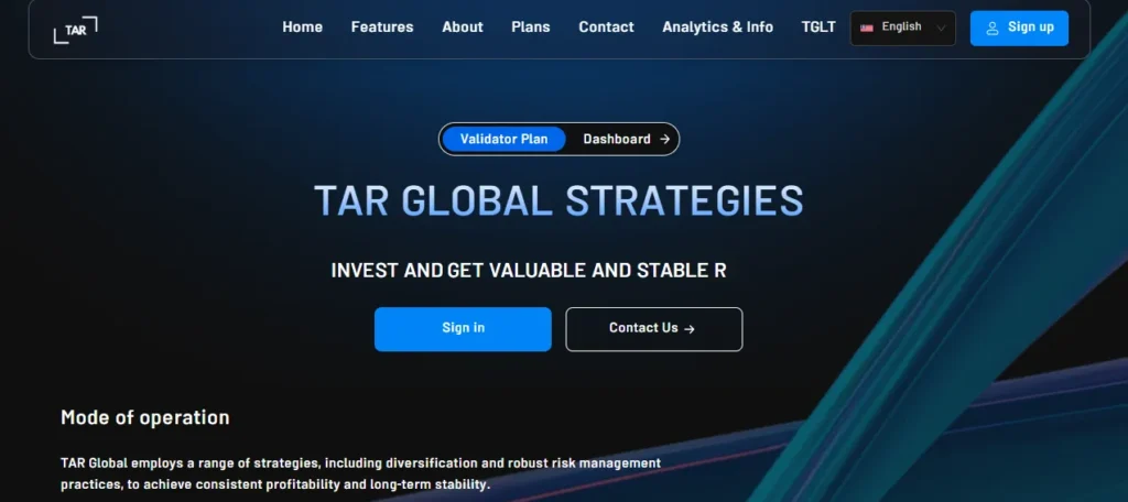 Screenshot of TAR Global homepage showing its investment pitch and navigation menu.