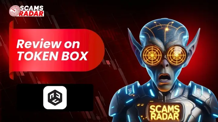 Scams Radar review banner on Token Box with futuristic character illustration