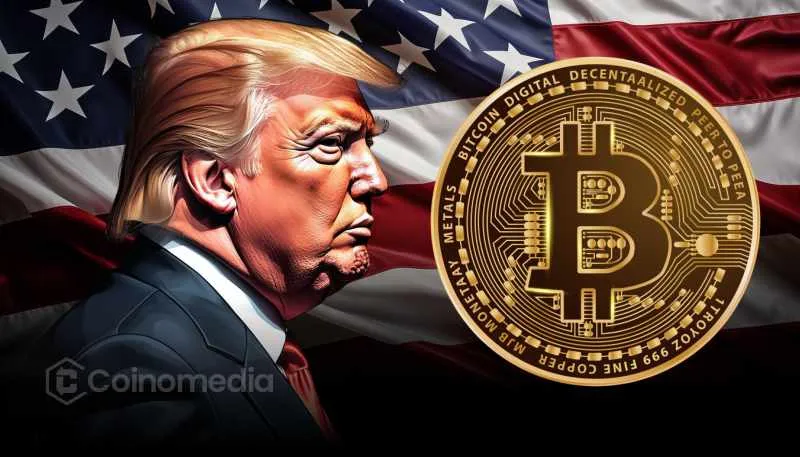 Donald Trump alongside Bitcoin symbol, with the U.S. flag in the background, symbolizing cryptocurrency's connection to politics