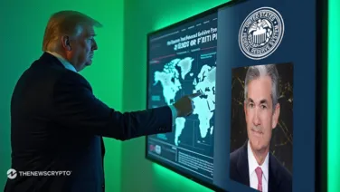 Donald Trump points at world map screen with Federal Reserve Chairman’s photo