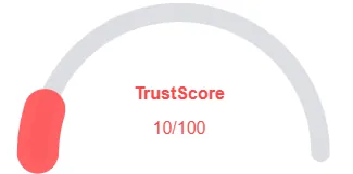 TrustScore gauge showing a very low score of 10 out of 100 in red
